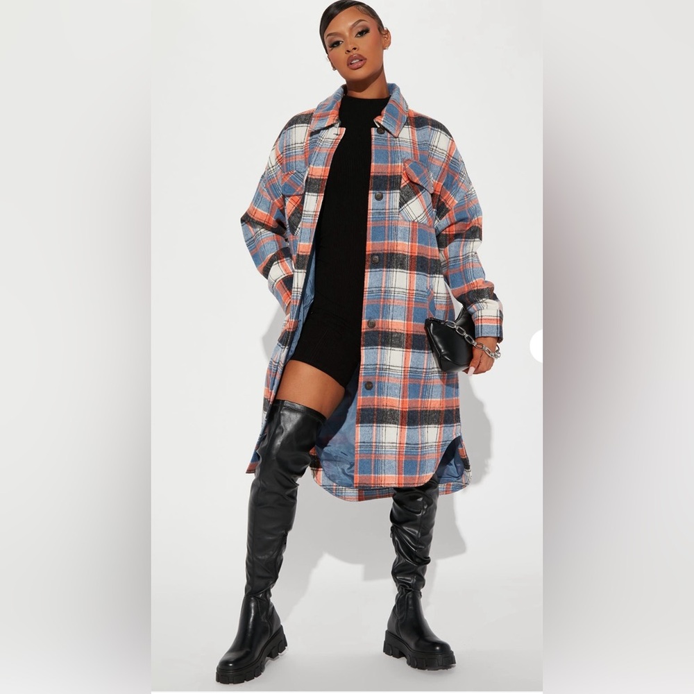 Plaid Longline Coat with Black Accents NWOT